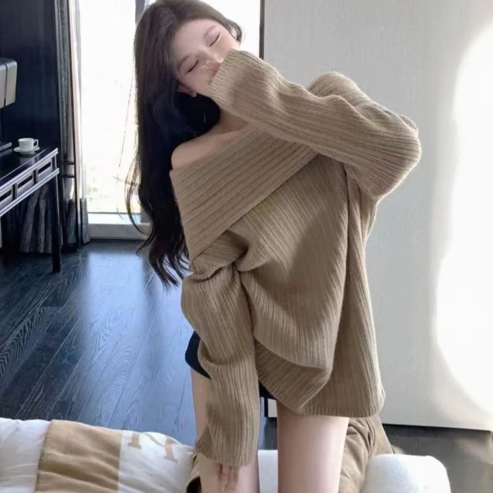 

FURYOURSELF сексуальный свитер цвета хаки с открытыми плечами, женская футболка, осенняя свободная посадка, вязаный топ с длинными рукавами для девочек, обычный узор