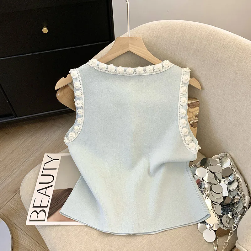 Verão elegante camisola de malha coletes feminino crochê flor sem mangas único breasted topos malhas moda chique senhoras jumpers 2025