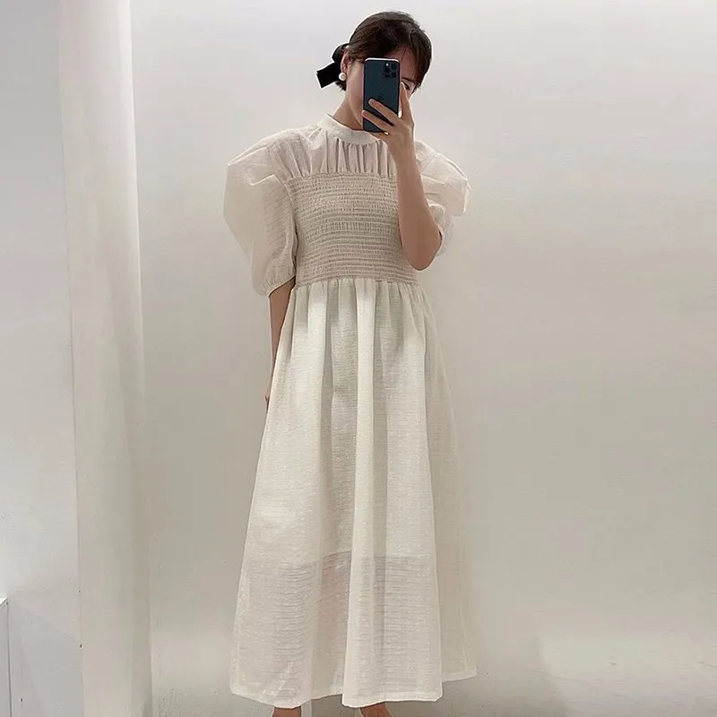 

Korean 2023 Stand Collar Elastic waist Long Dress Puff Sleeve Vintage Chic Runway Designer Bodycon Draped Holiday Casual Dress