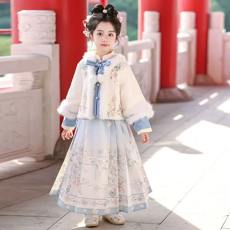 

2026 зимняя юбка в китайском стиле с системой Мин для девочек, комплект Hanfu, новинка 2026 года, детский утолщенный костюм Тан с вышивкой Hanfu LI816