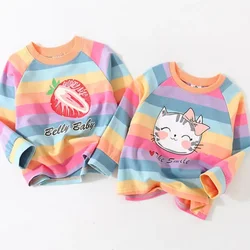 2024 Spring Autumn New 2 3 4 6 8 10 Years Children Cotton Cartoon Long Sleeve Colorful Stripe Baby Kids Girls Basic T-Shirt