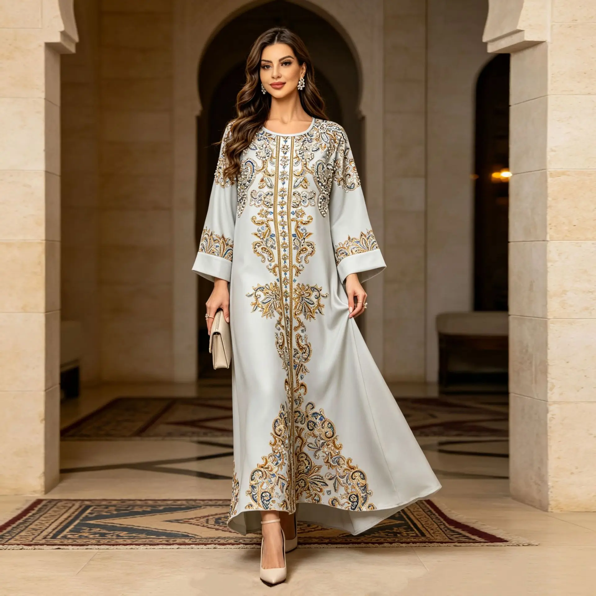 Eid Dress Women Abaya Print Dresses Kaftan Jalabiya Muslim Diamonds Arab Ramadan Morocco Dubai Islam Vestidos Party Long Robe