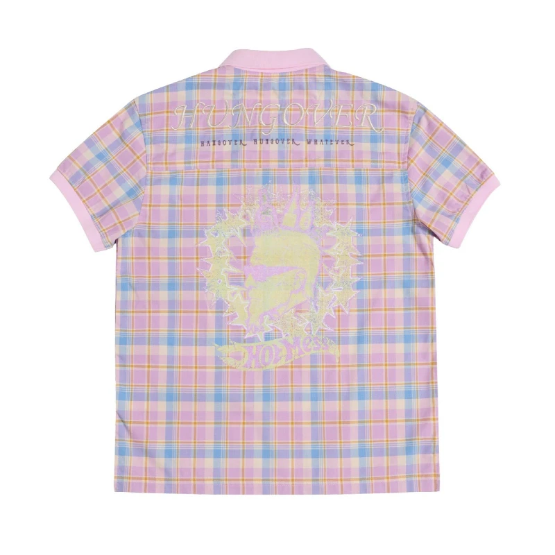 Vintage Macaron Color Check Polo T-shirt Ladies Front Crown Patch Back Large Print Loose Preppy Aesthetic Short Sleeve Blouse