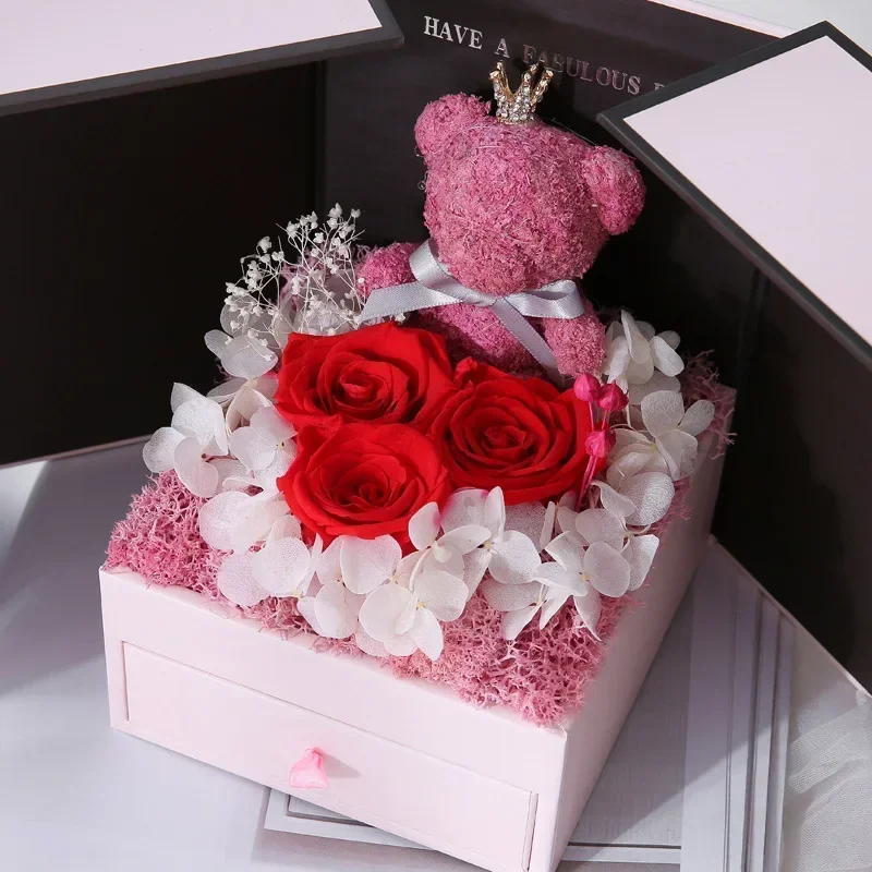 Creative Valentine\'s Day Bear Eternal Flower Gift Box Double Door Rose Necklace Jewelry Box Christmas Gift Lipstick Gift Box