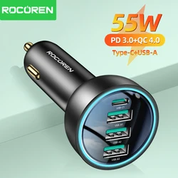 Rocoren 4 in 1 USB Type C 55W Car Charger QC3.0 Fast Charging Car Quick Charger Adapter for Car Audio iPhone 15 Xiaomi Samsung