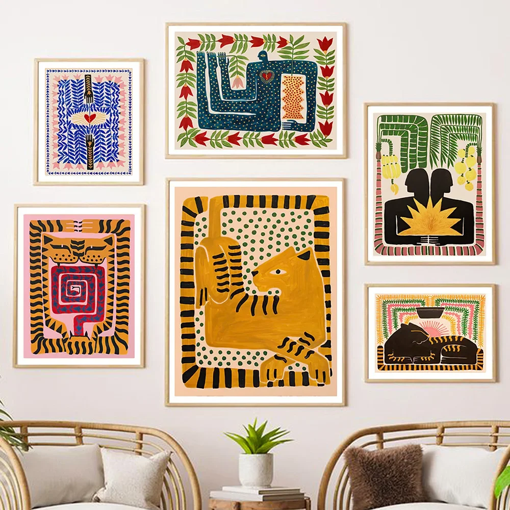 Altes Ägypten Bunte abstrakte Boho Poster Tiger Leopard Figur Wand Kunstdrucke Leinwand Malerei Dekor Bilder für Wohnzimmer