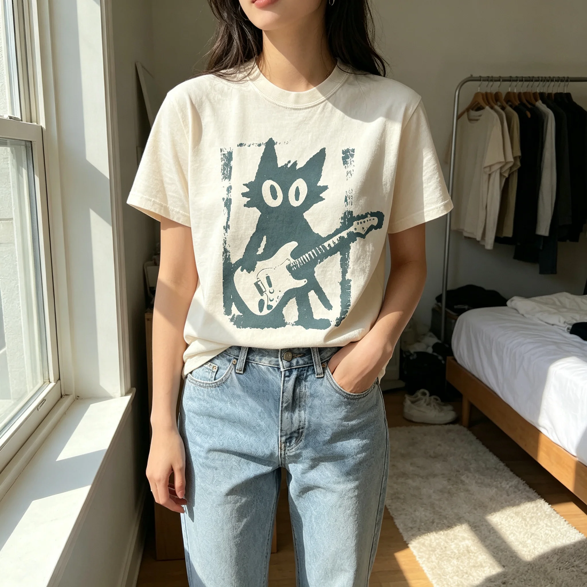 Retro Rock Cat Playing Electric Guitar Graphic T‑Shirt Grunge Vintage Kitty Music Lover Casual Short‑Sleeve Aesthetic Tee