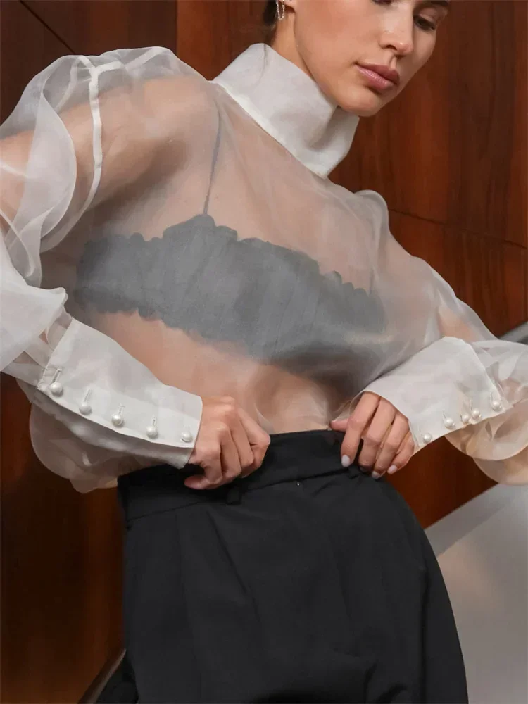 Camicie trasparenti in rete sexy Pullover manica lunga femminile Patchwork casual Pendolarismo Y2k Top Vestiti Camicetta da donna Estate