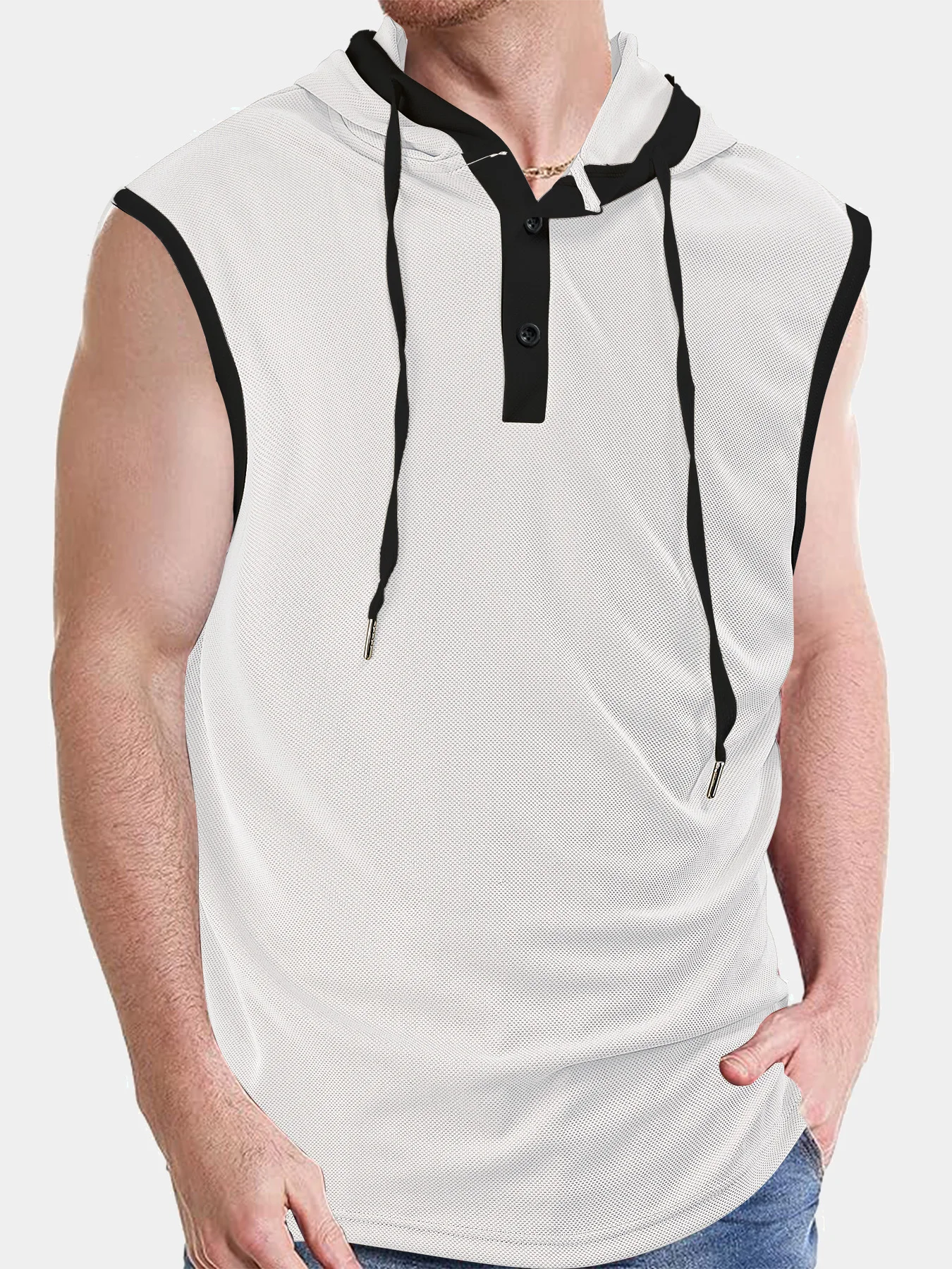

Men's Sleeveless Hooded Sweatshirt | White Basic Model + Black Contrast Edge Black Technology Drawstring Design Sports and Leisure All-Purpose Shirt