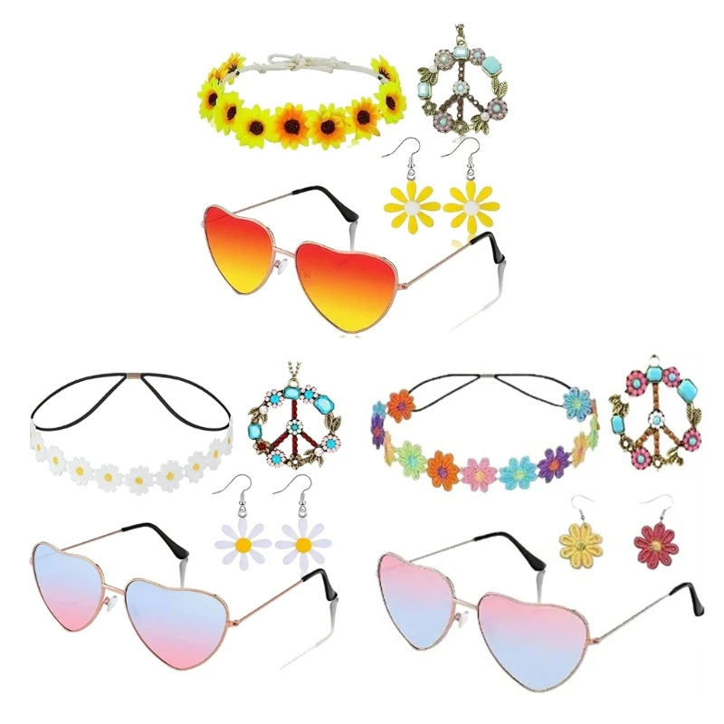 

Hippie Costume Set Hippie Sunglasses Necklace Flower Earrings Bohemia Headband N7YF