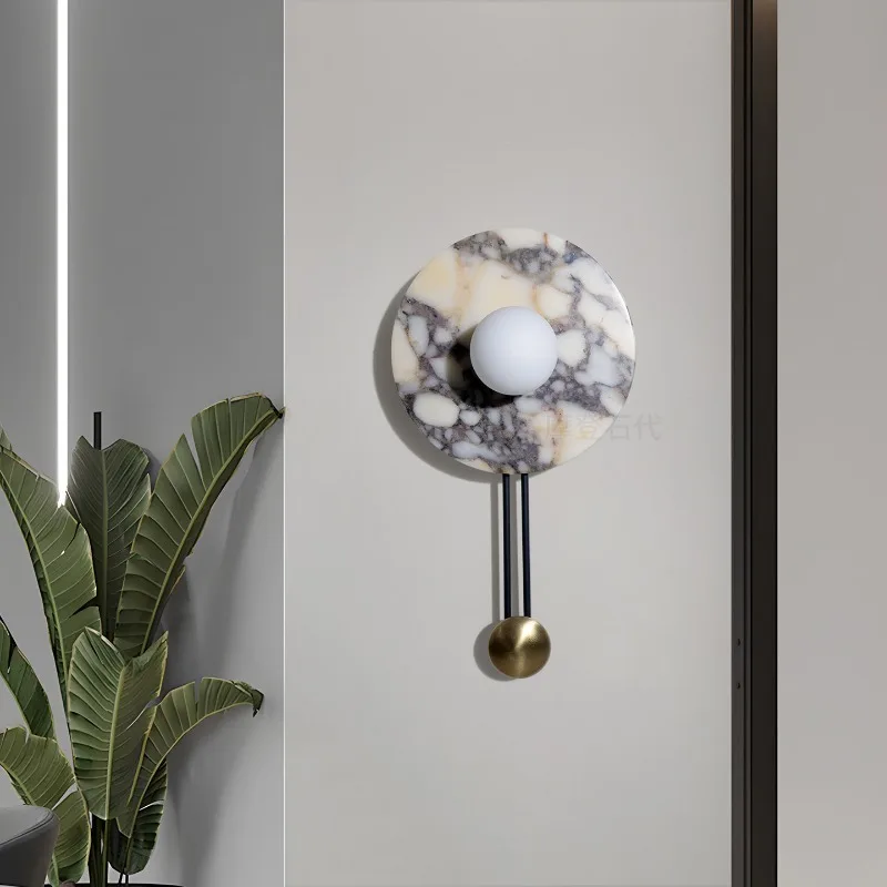 

Modern Light Luxury Black Iron LED Wall Lamp Hallway Living Dining Room Decor Round Bulgari Marble White Glass Stair Light