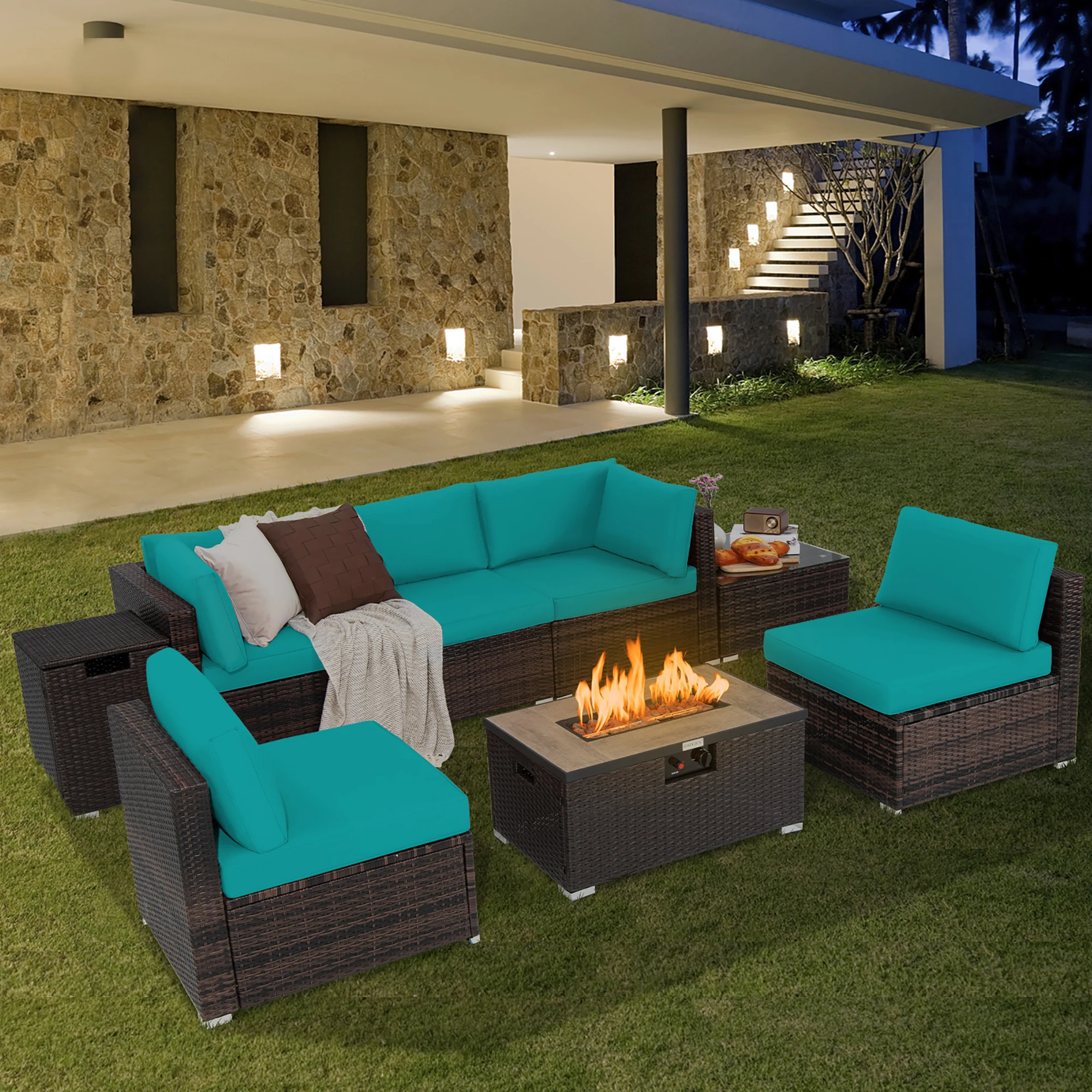 8PCS Patio Rattan Furniture Set Fire Pit Table Tank Holder Cover Deck Turquoise