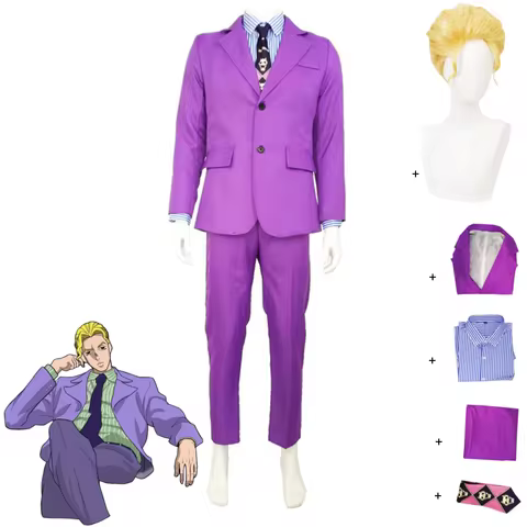 Anime Jojo'S Bizarre Adventure Kira Yoshikage Cosplay Costume Purple Suit Uniform Stripe Shirt Wig Adult Man Carnival Set
