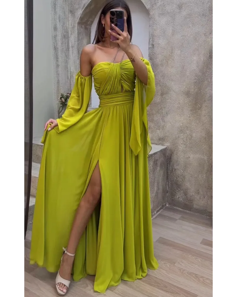 Mikydely Autumn New Sexy Strapless Irregular Slit Dress Solid Color Off-the-shoulder Maxi Evening Dress