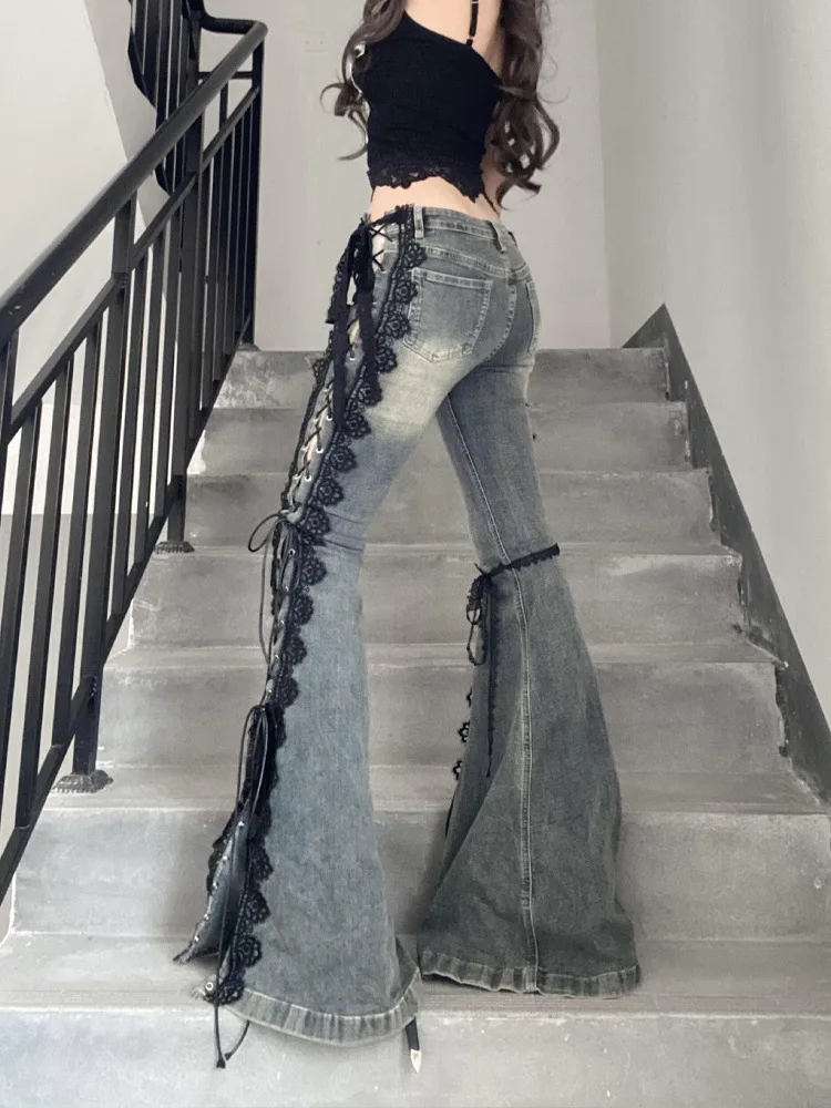 الرجعية الثقوب الدانتيل يصل مضيئة الجينز غرزة الدانتيل شعيرات ضئيلة منخفضة الارتفاع سبليت Bootcut السراويل النساء جرس قيعان الشارع الشهير