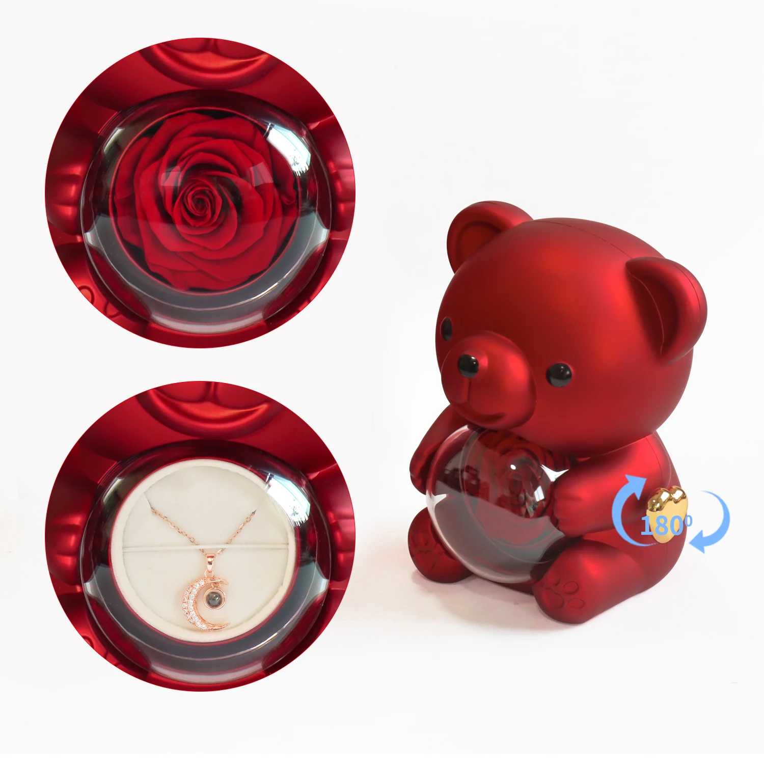 Real Preserved Rose Bear Gift Box Necklace Set Rotating Eternal Rose Jewelry Box Valentine Wedding Storage Gift Case for Women