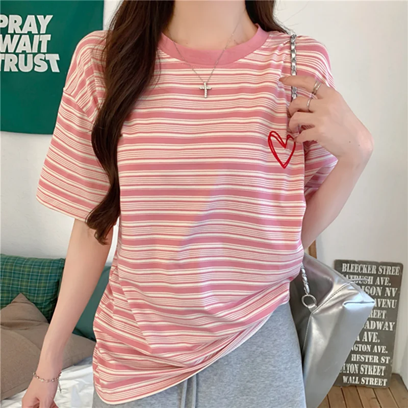 Cartoon Stripe Short Sleeve T-Shirt Women's Loose Fit Summer American Style Age-Defying College Wind Top Color Block Design