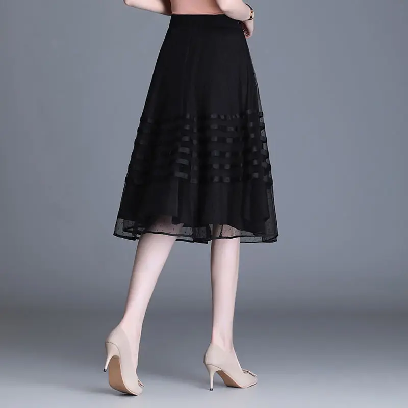 Fashion Striped Spliced Elegant Gauze Skirts Women's Clothing Summer New Loose Office Lady Zipper High Waist Skirts