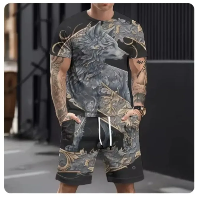 2025 Men's Casual 3D Printed Wolf Print Sports Suit Hot Selling Refreshing Style Summer Casual Breathable Ultra Loose