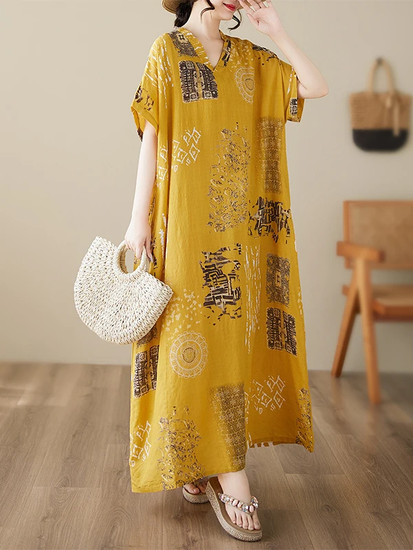 

Желтое женское платье с v-образным вырезом и длинным рукавом, летнее свободное платье из смеси хлопка и льна, ор Све миди Dr