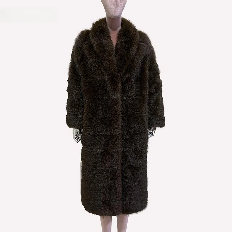 Nerazzurri Long Fur Coat Women's Outerwear Purple Mink Collar Eco-friendly Leather Coat Vintage Style Green  Collar Coat