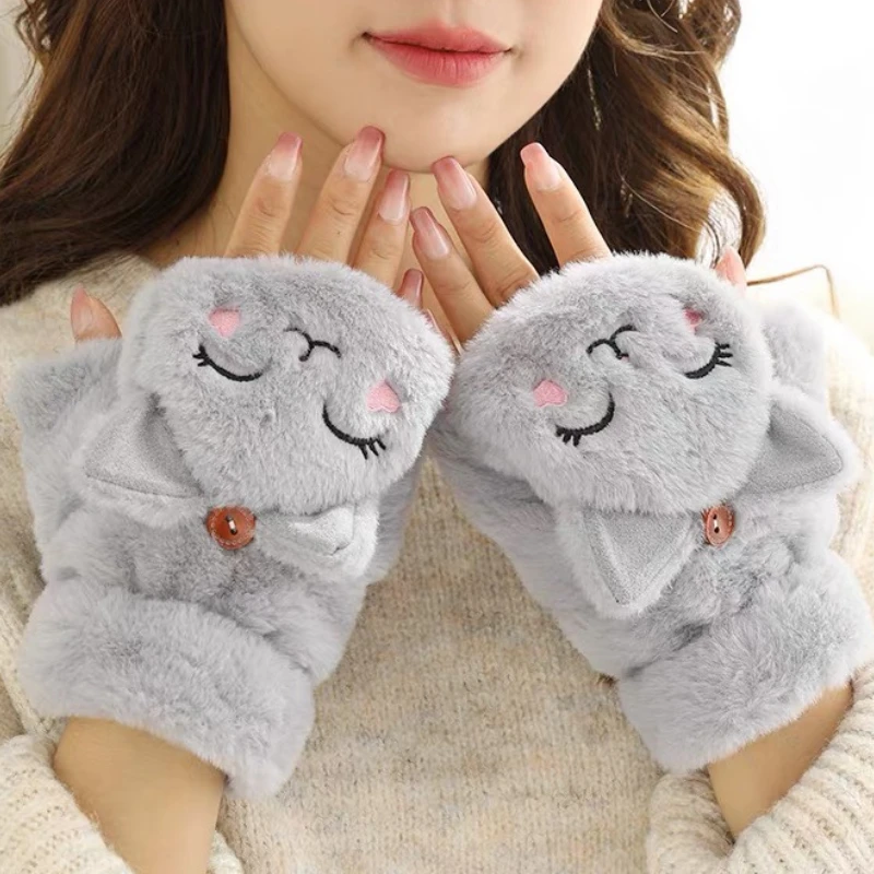 Mitaines à rabat demi-doigt pour femmes et filles, gants sans doigts, optique douce, peluche, chat, lapin, chaud, hiver