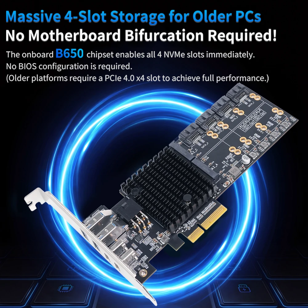 Karta adaptera Lekuo SouthBridge Max bez rozgałęzienia PCIe 4.0 do 4 M.2 NVMe SSD, 4 SATA 6G, 20G USB-C, rozszerzenie Riser dla PC NAS — zdjęcie produktu 3