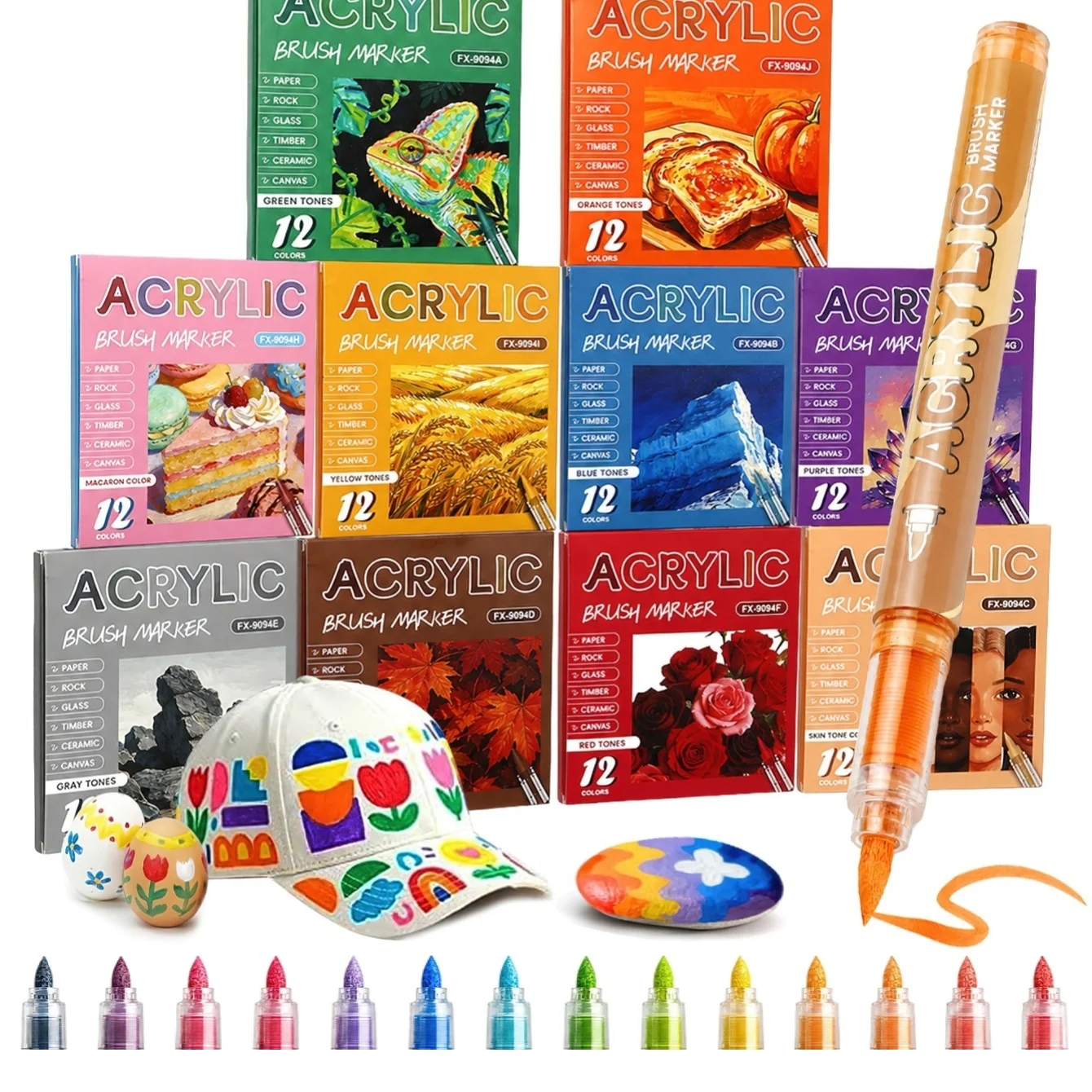 12 Colors Acrylic Brush Marker Pens Set Flexible Precise Tips Vivid Opaque Quick Drying Ink 120 Total Colors for Painting A3423