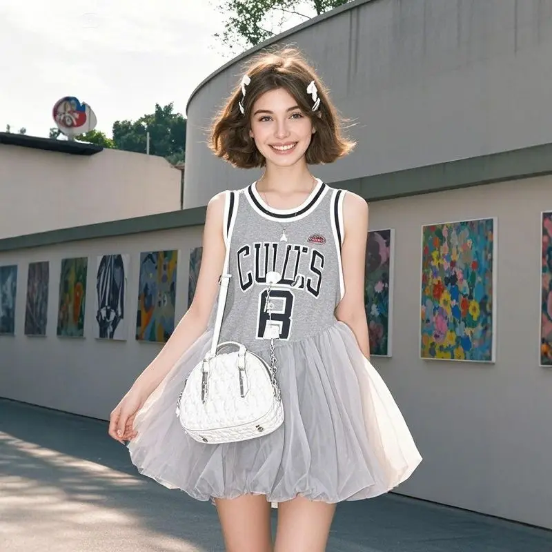 

Шикарное женское платье-жилет без рукавов в студенческом стиле, серое сетчатое лоскутное платье-майка трапециевидной формы с буквенным принтом и буквенным принтом