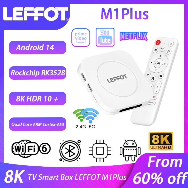 LEFFOT M1Plus TV Box Android14.0 Rockchip RK3528 Smart TV Box 8K Decodificação de vídeo 4G 32G Media Player Set Top Box Rockchip