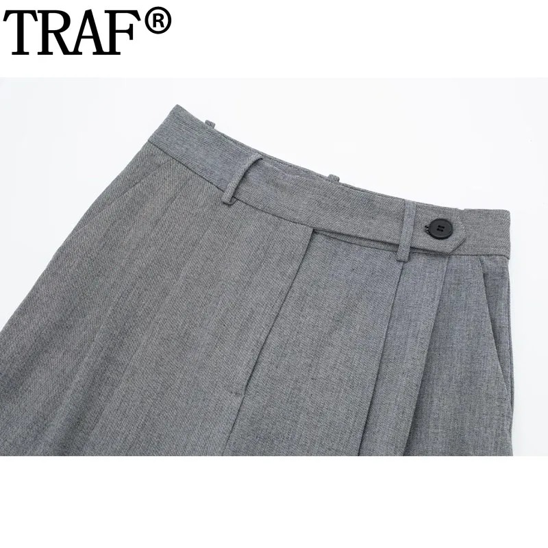 TRAF Carrot Trousers Womens Grey Baggy Pants Woman Fashion High Waist Pants For Women Office Casual Autumn Women\'s Trousers