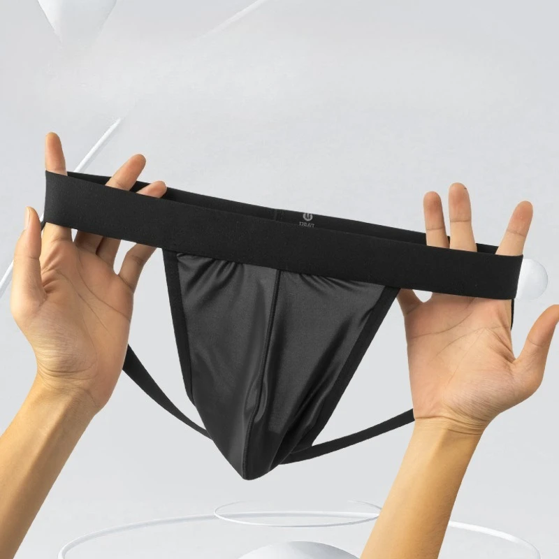 Men Hollow Out Double String Thong Underwear Solid Color U Convex Pouch Ice Silk Quick Dry Sexy T-back Male Panties