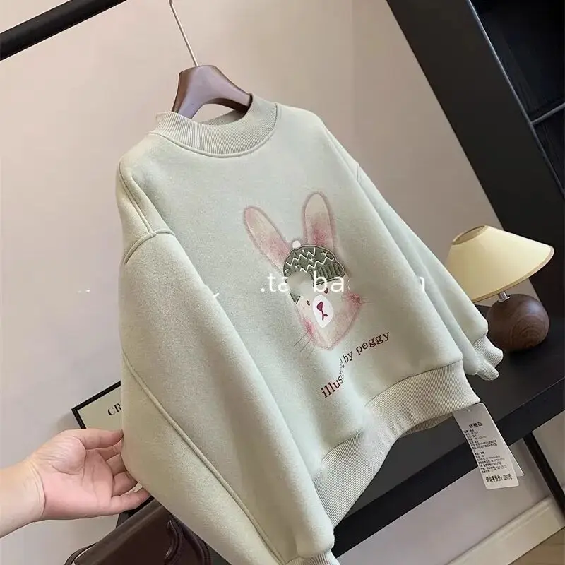 

4-15Y Autumn/Winter Teenage Girls' Hoodie Big Kids Korean Edition One piece Velvet Thick Loose Casual Hoodie Sweater