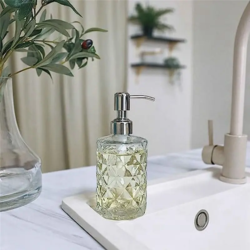 1 PCS Diamond Embossed Glass Soap Dispenser With 304 Rustproof Stainless Steel Pump 17.7X7.6Cm Bathroom Soap Dispenser-AA26