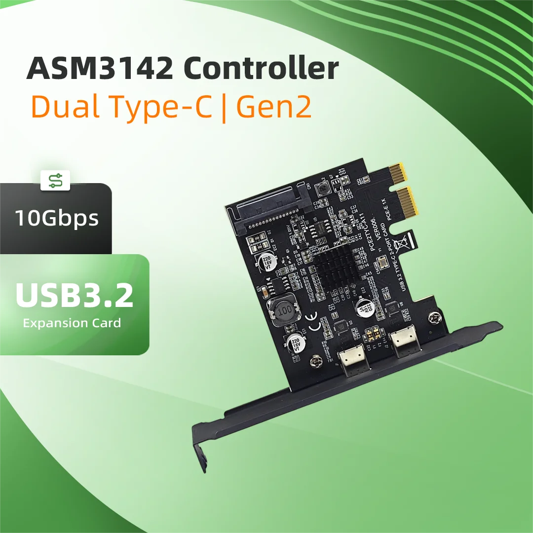 USB 3.2 High Speed PCIe Gen2 10Gbps Dual Type-C Expansion Card ASMedia ASM3142 Chip Desktop PC USB Adapter Black