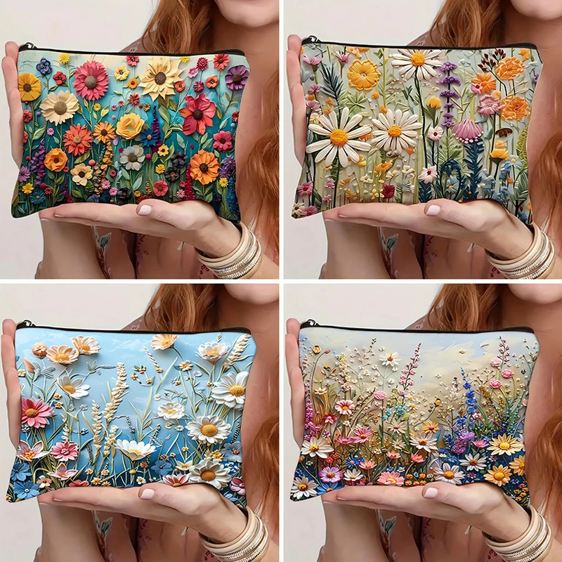 1pc Cosmetic Bag Large Capacity Wash Bag Flower Portable Travel Bag Double-Sided Printed Cotton And Linen