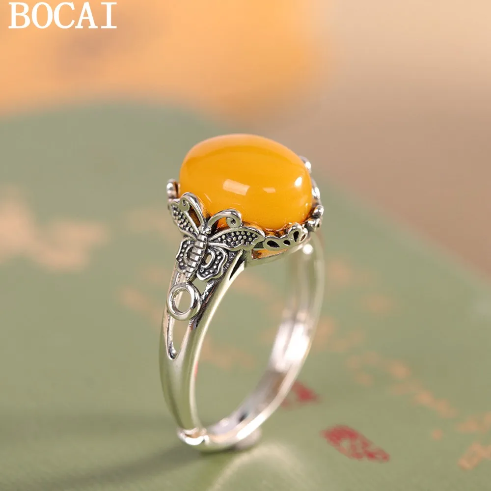 

BOCAI NEW S925 Pure Silver Retro Fashion Set With Beeswax Butterfly Flower Thread Open Ring