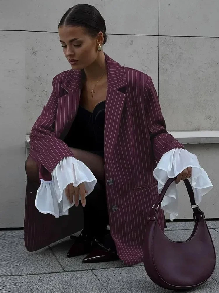 Burgundy Vertical Stripe Blazer Lapel Collar Two Button Flare Cuff Patch Pocket Long Sleeve Women Elegant Suit Jacket 260801