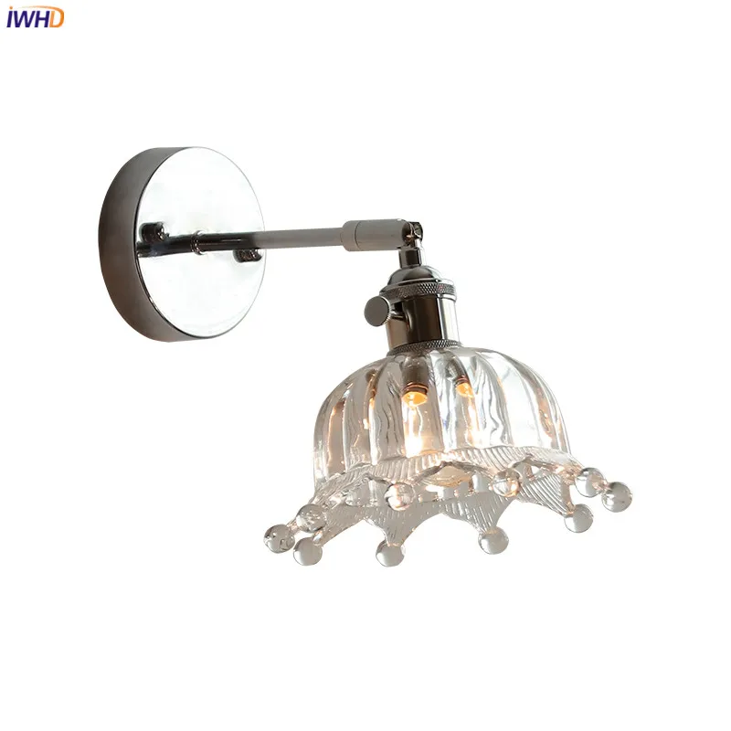 

IWHD Clear Glass Silver LED Wall Lamp Sconce Iron Metal Arm Adjustable E26 E27 Socket With Switch Bathroom Mirror Stair Light