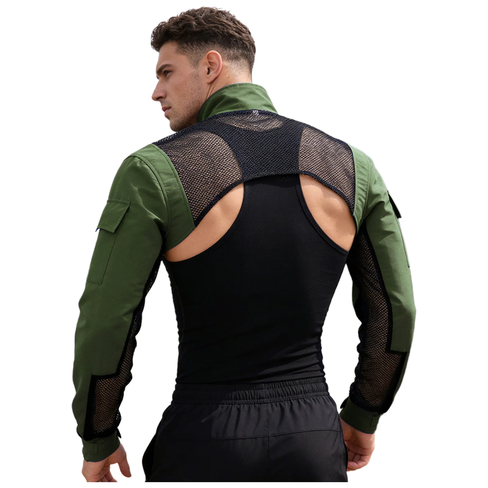 Mens Adult Combat Shrugs T-shirt Shoulder Armor Crop Tops Stand Collar Mesh Patchwork Long Sleeves with Pockets Cropped Jacket
