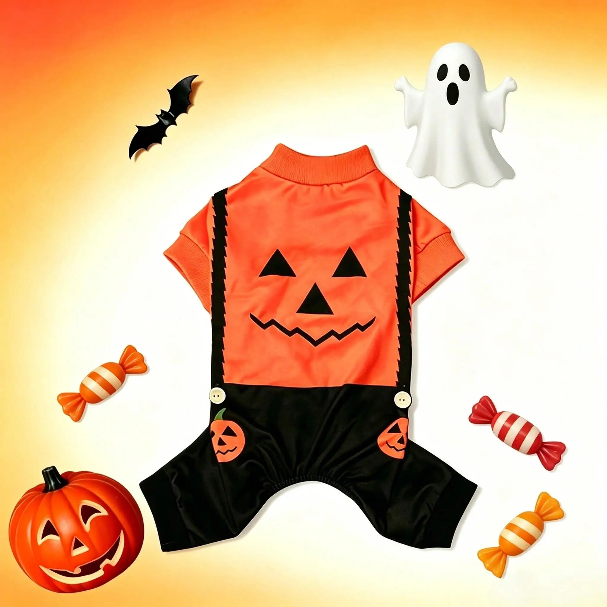 Halloween-Hundepyjama mit Kürbis-Jack-O-Lantern-Gesicht, Haustier-Onesie, 4-beiniger Welpen-Jumpsuit, Festtagskleidung für kleine und mittelgroße Hunde und Katzen – Detail 7