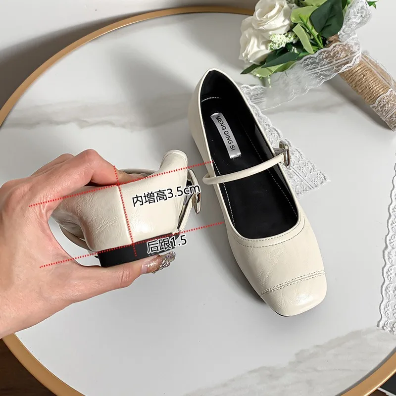 High Quality Square Toe Mary Jane Shoes Leather Inner Height Increase Women's Shoes Buckle Strap Soft Leather Retro Ballet Flats