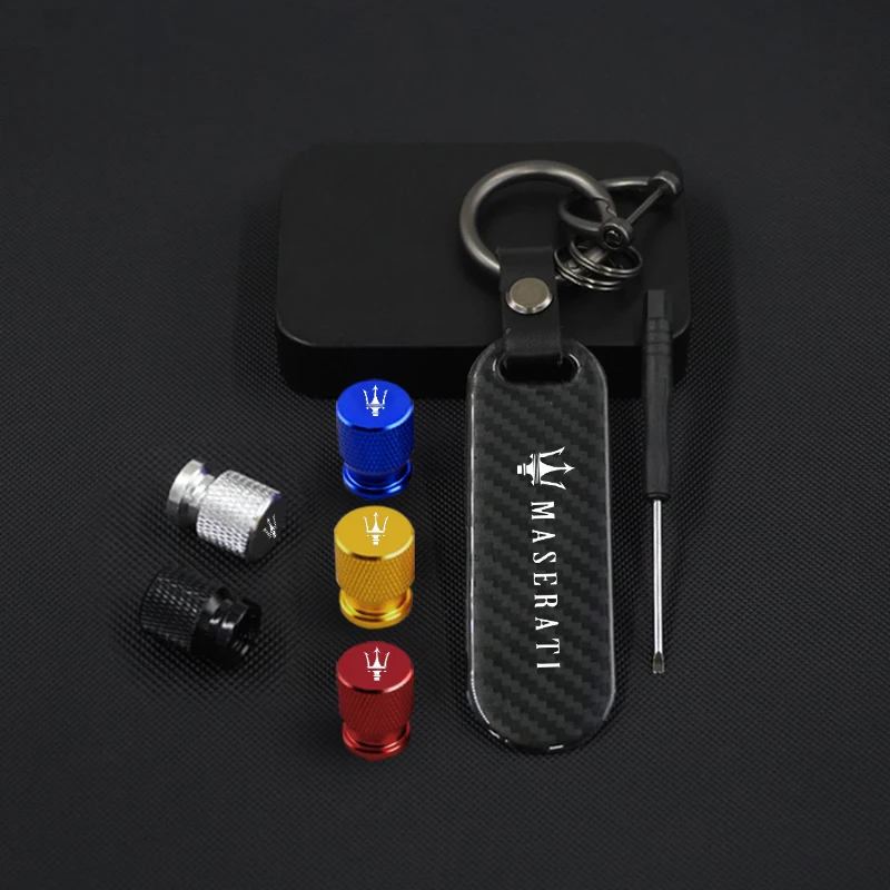 Car Carbon Fiber Key Chain with Wheel Tire Valve Caps For Maserati Quattroporte Spyder Levante Coupe GranTurismo Accessories