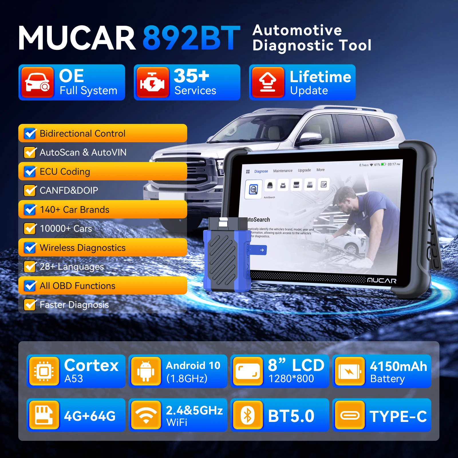 MUCAR 892BT Auto OBD2 Scanner CANFD DOIP Full System Actuator Test 35 Reset IMMO DPF OIL Lifetime Free Car Diagnostic Tool