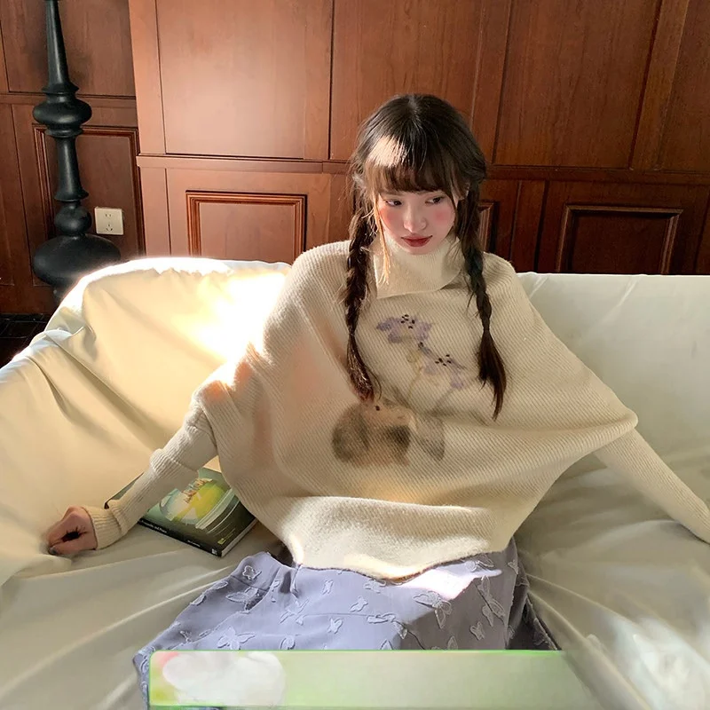 

Вязаный свитер-накидка Cheese Day Lazy Batwing для женщин, осенне-зимний, мягкий, асимметричный, бежевый, с высоким воротником, длинными рукавами