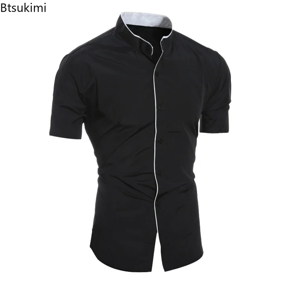 2024 männer Sommer Casual Shirts Stehkragen Solide Kurzarm Hemd Männlichen Mode Kleid Shirts Formale Business Bluse Tees männer