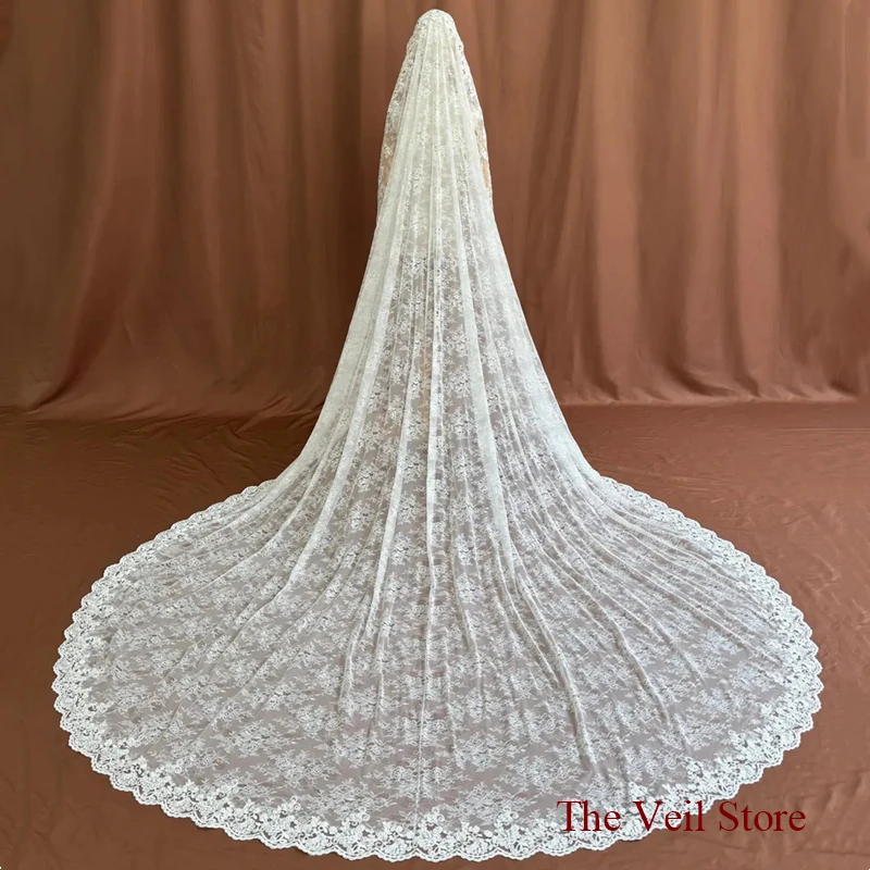 3 M Wide Mantilla Wedding Bridal Veils Lace With Bone Trim Accessories Chantilly Catholic For Brides Vintage Elegant Floral Long image 2