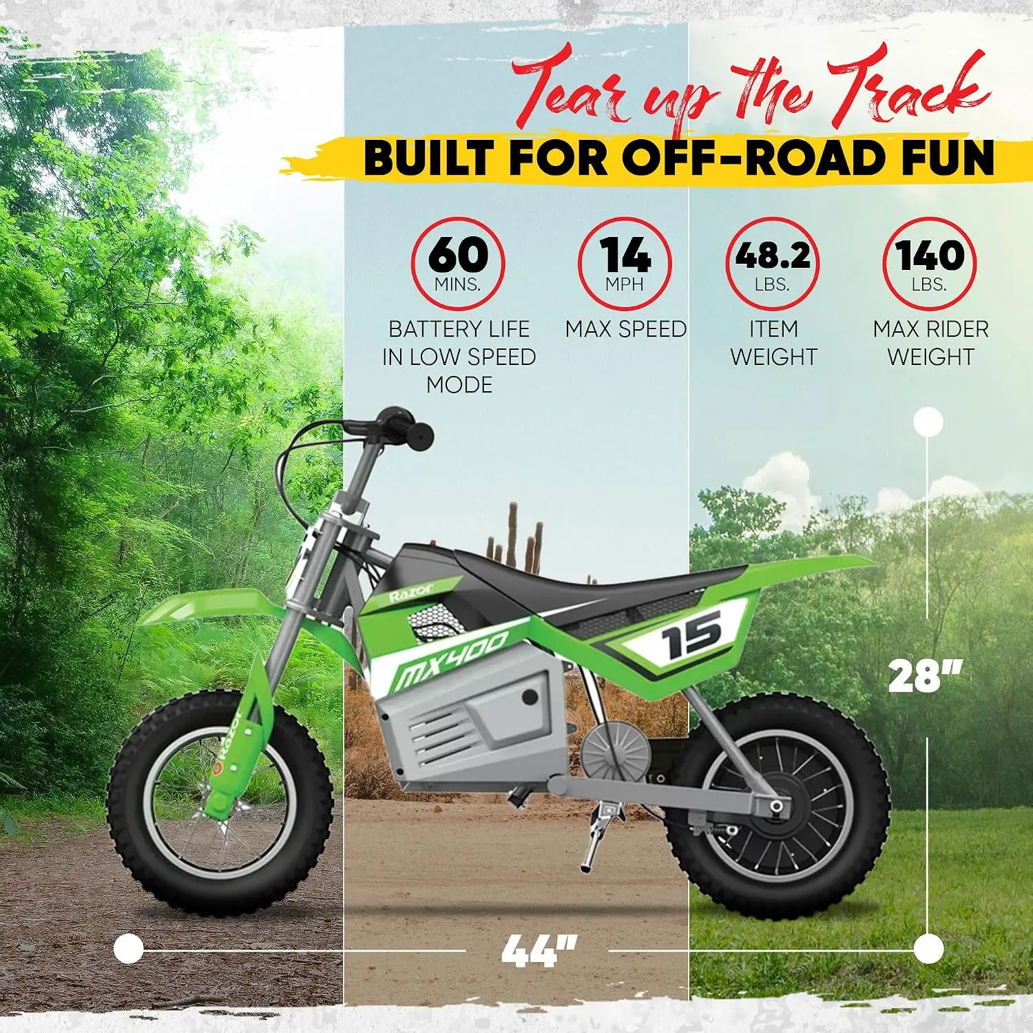 Razor MX400 Dirt Rocket Electric Bike for Kids Ages 8+, 140 Pounds Max Weight, Green – 24-Volt Battery, up to 14, Customized image 3