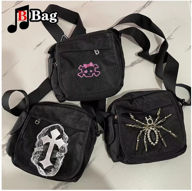 Y2K Punk Spider Cross Nylon borse a tracolla donna ragazza tela piccola borsa quadrata borsa a tracolla gotica borsa moda donna