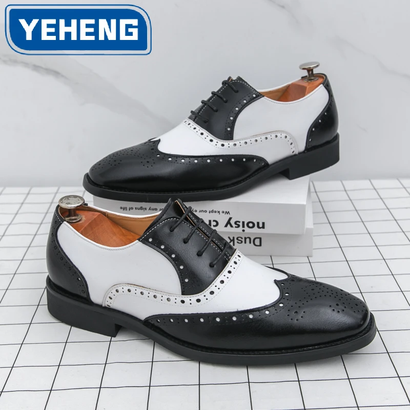 

Vintage Men's Wingtip Brogues Black and White Patchwork Leather Oxfords Lace up Formal Office Dress Shoes Chaussure Homme Size